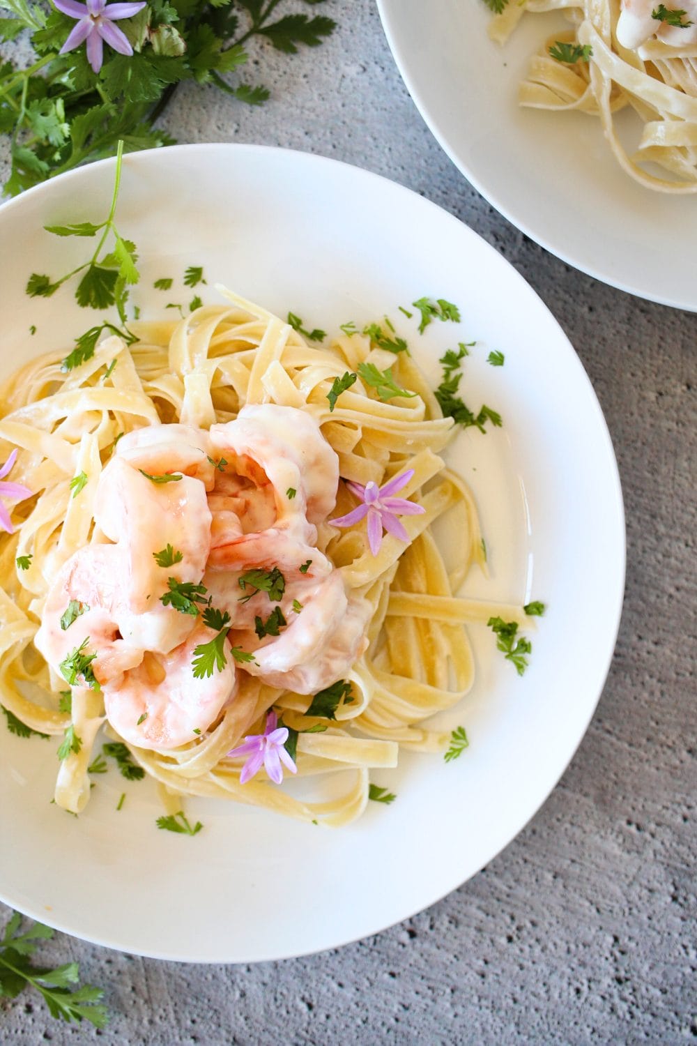 top view of keto seafood recipe containing creamy shrimp and keto pasta