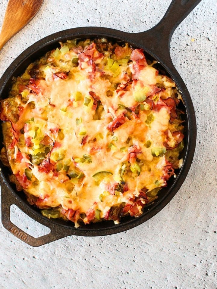 carnivore Cuban casserole after being baked in the oven with a wooden serving spoon