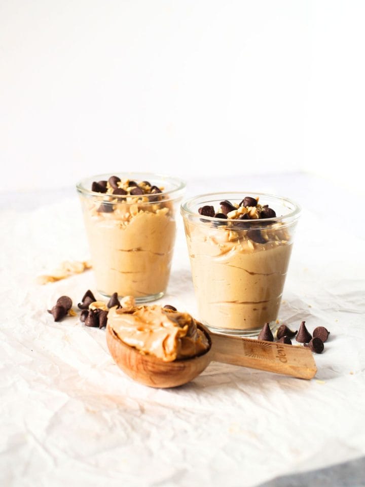 front view of vegan peanut butter mousse in two glass cups