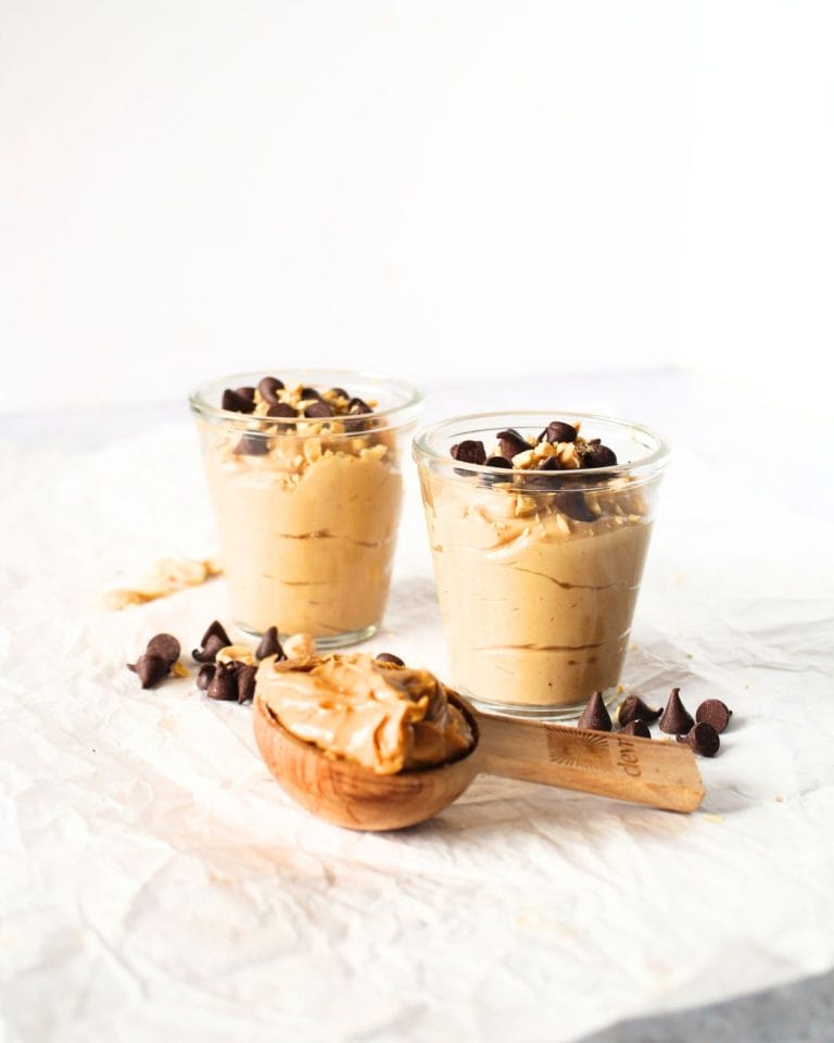 front view of vegan peanut butter mousse in two glass cups