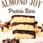 front view of 3 keto homemade almond joy protein bars stacked on top of each other