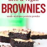 front view of keto vegan pea protein brownies with high protein peanut butter frosting and a jar of Naked Pea Protein powder in the background