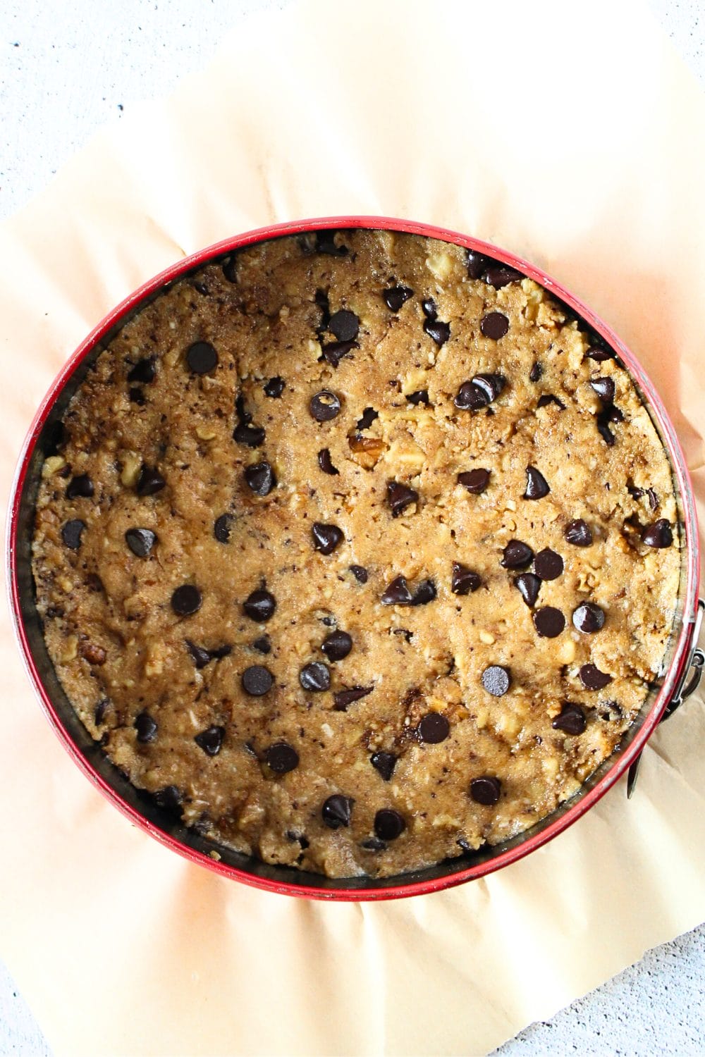 top view of no egg keto dessert that is made in a spring form pan