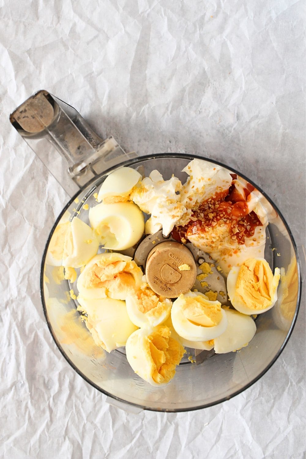ingredients in a food processor for egg fast buffalo dip