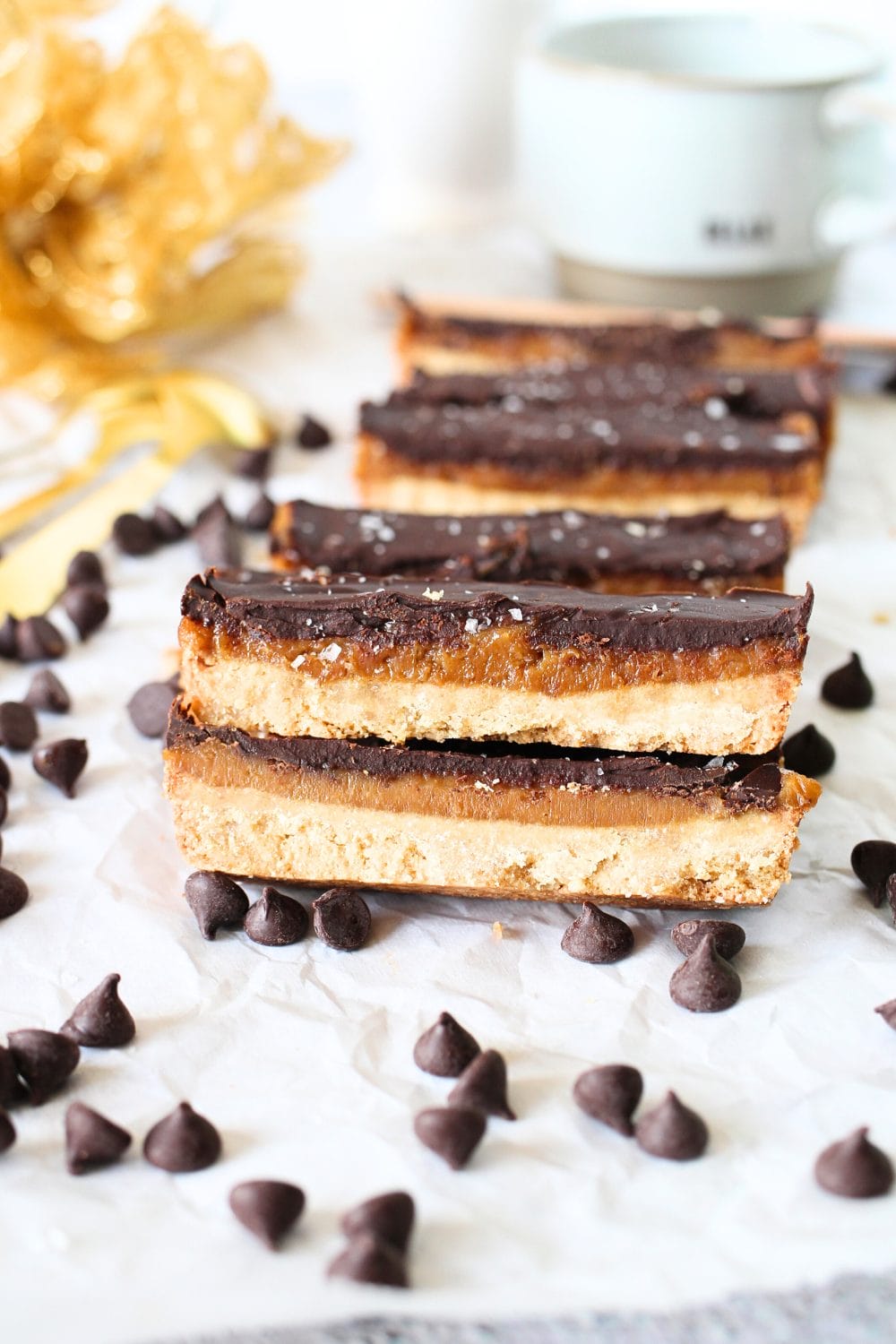 front view of two stacked sugar-free millionaire bars that are high in protein