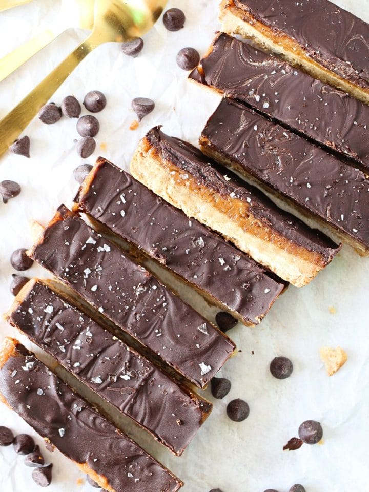 top view of healthy high protein millionaire bars made with collagen and pea protein with scattered sugar-free chocolate chips