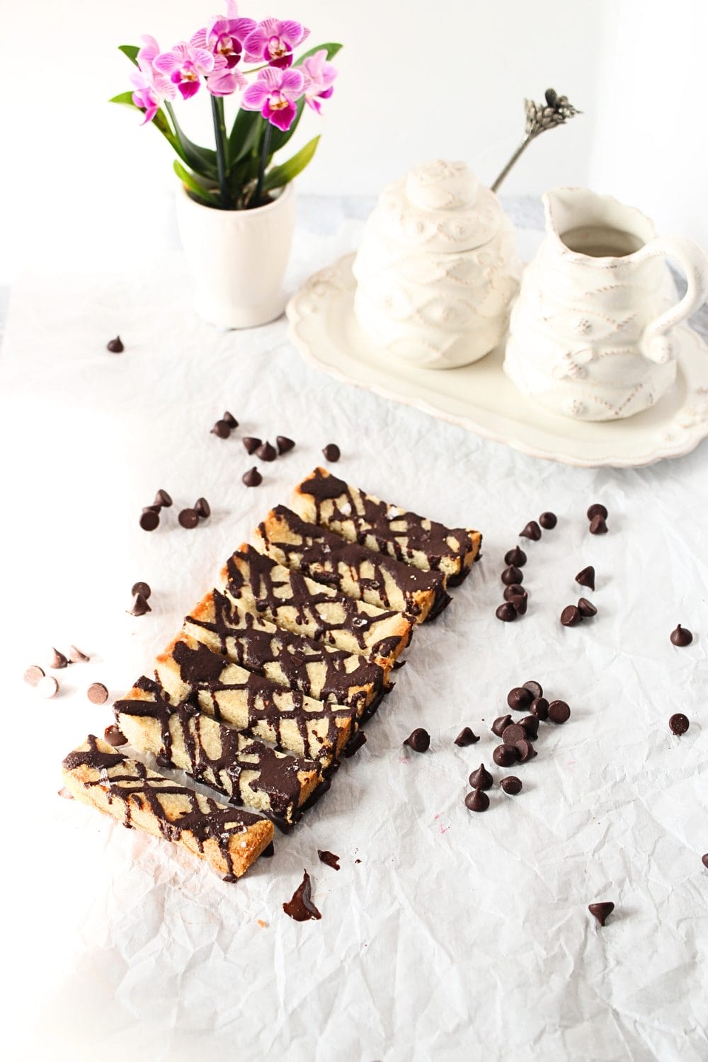 front view of keto chocolate shortbread cookie bars with sugar-free chocolate chips