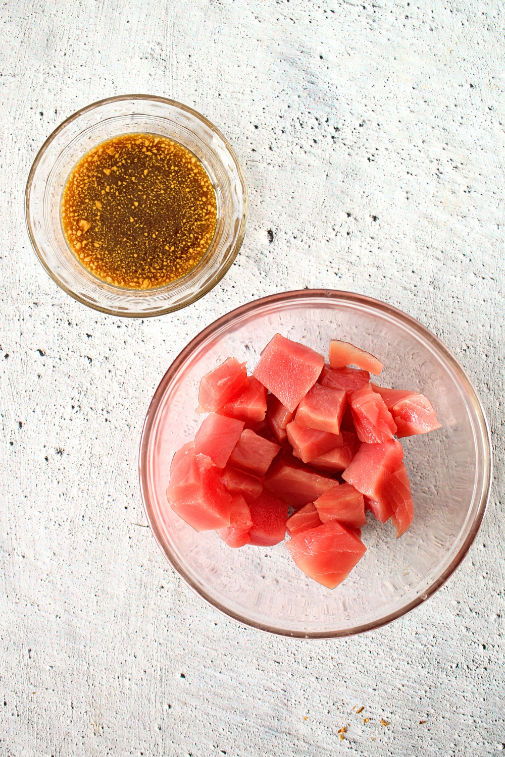 top view of soy ginger poke bowl ingredients