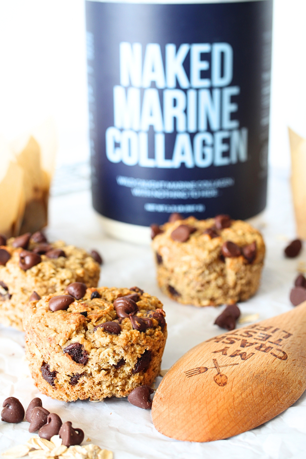 nut-free banana muffins wiht chocolate chips and oats and some marine collagen by Naked Nutrition