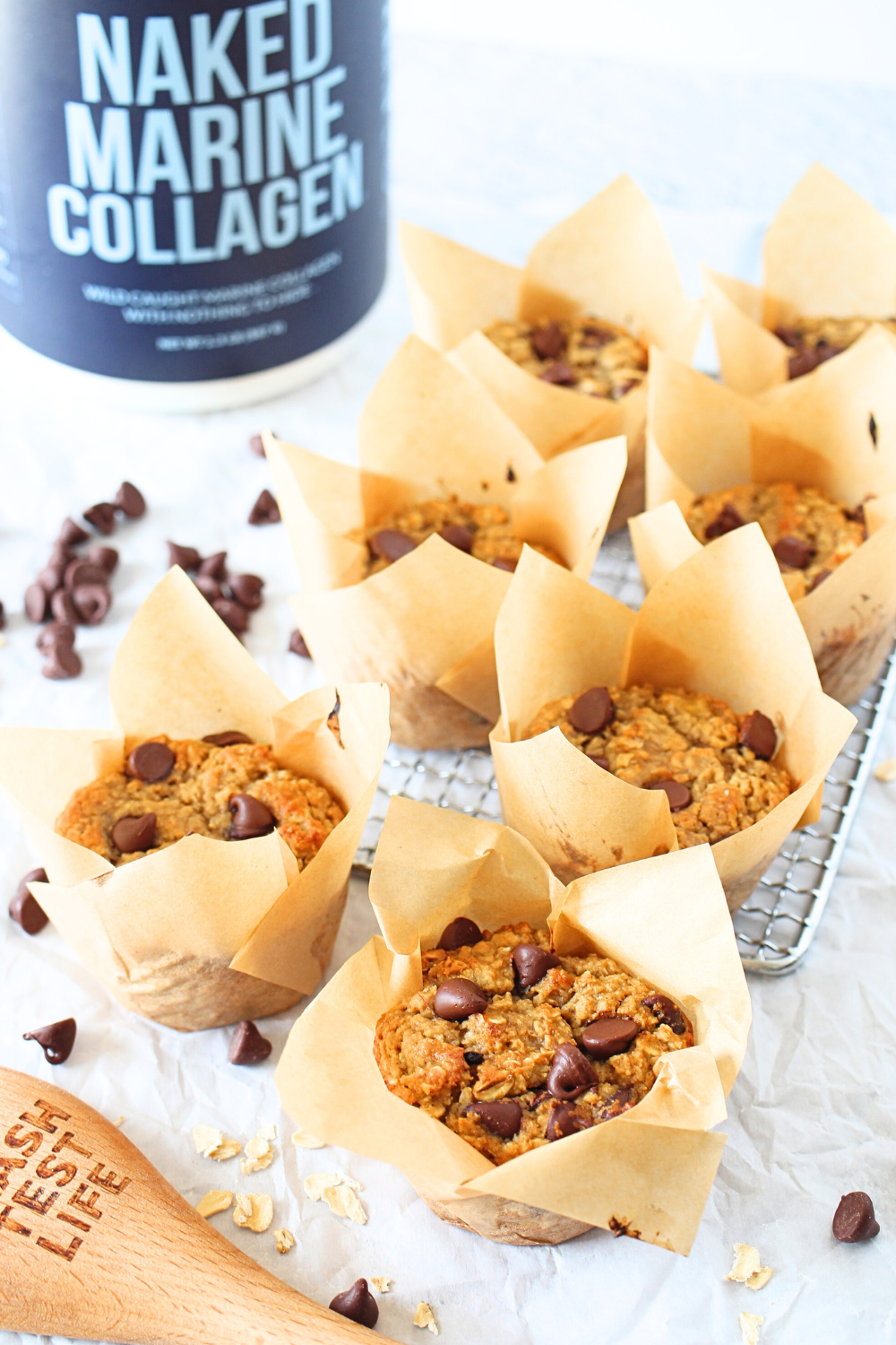 front view of gluten-free chocolate chip banana oat muffins with collagen powder