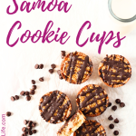 top view of Keto Samoa cookie cups with sugar-free chocolate chips and a glass of almond milk