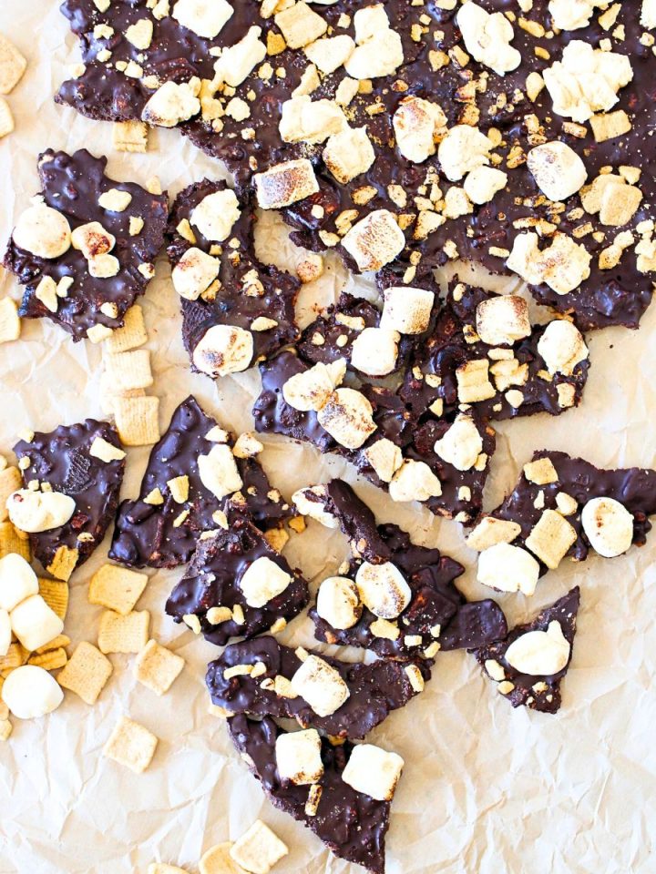 top view of low carb s'mores bark made with 3 ingredients - Catalina crunch graham cereal, sugar-free marshmallows and sugar-free chocolate