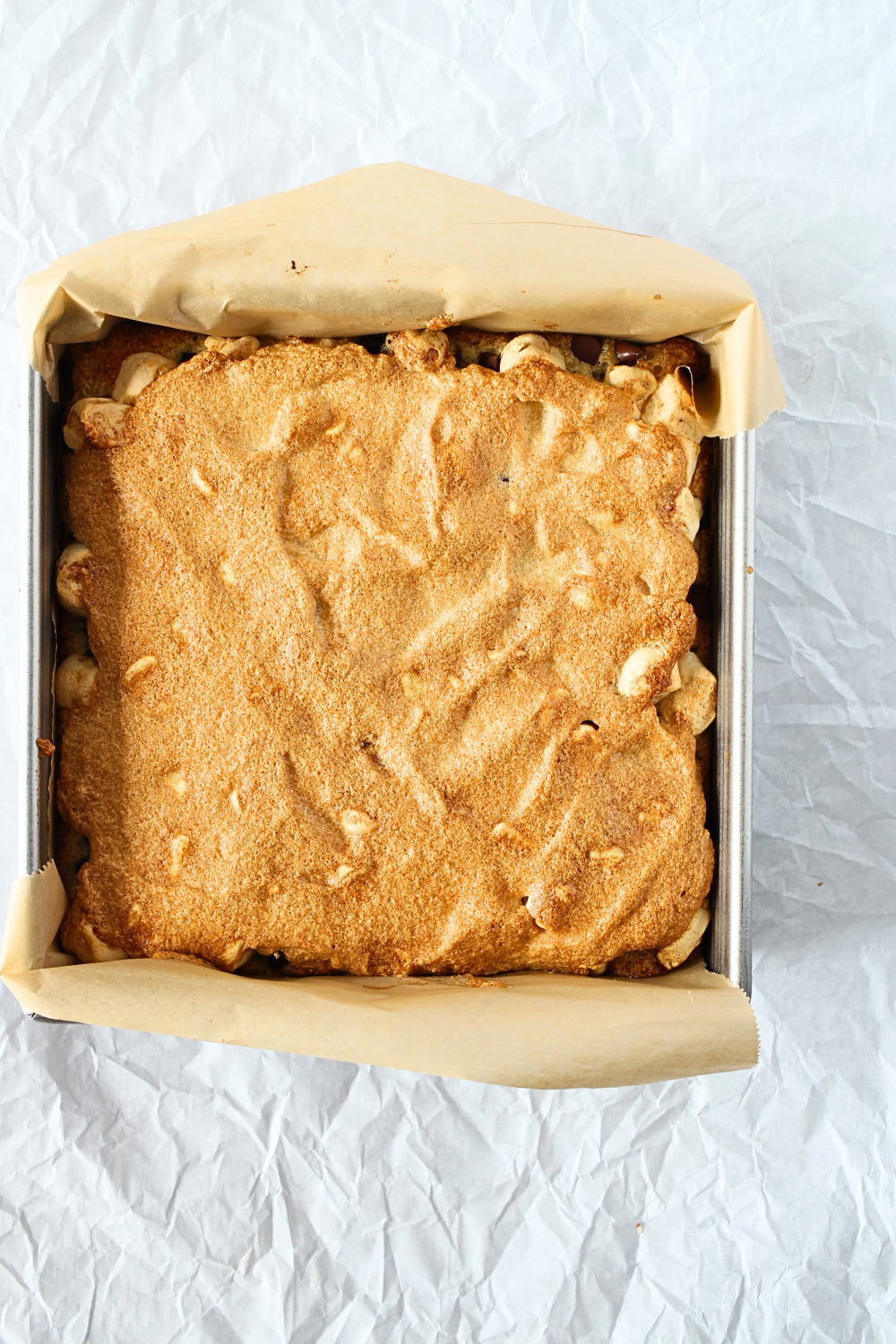 gluten-free mud hen bars after the top sugar-free meringue has been baked