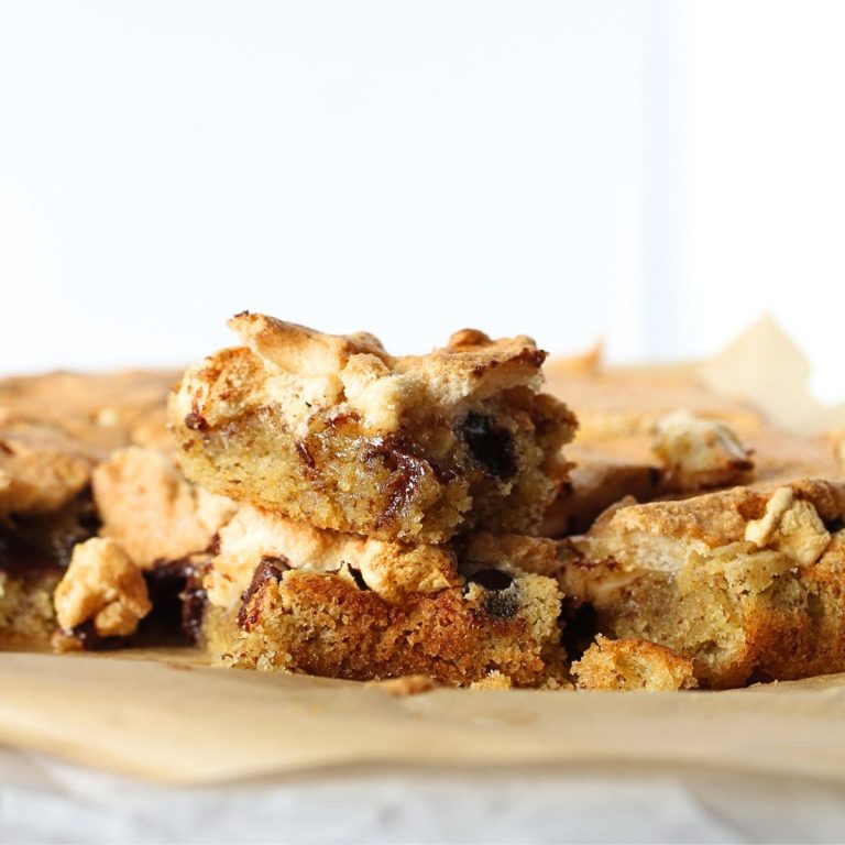 sugar-free chocolate marshmallow bars stacked on top of each other with a baked sugar-free meringue topping
