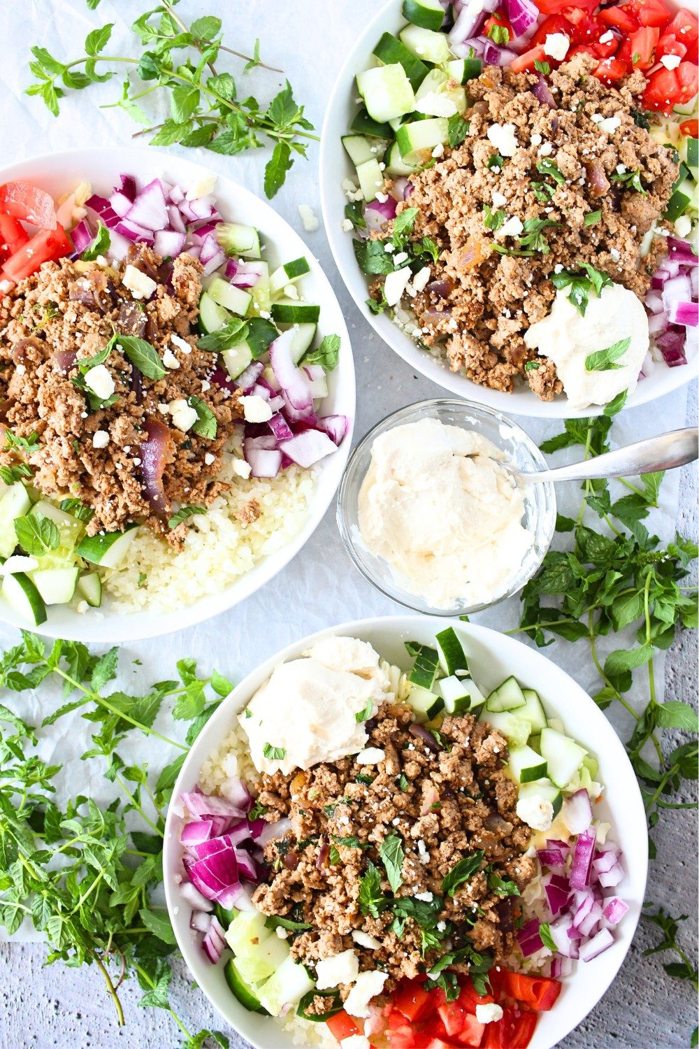 Healthy High Protein Keto Kofta Bowls with keto tangy kofta sauce and fresh herbs