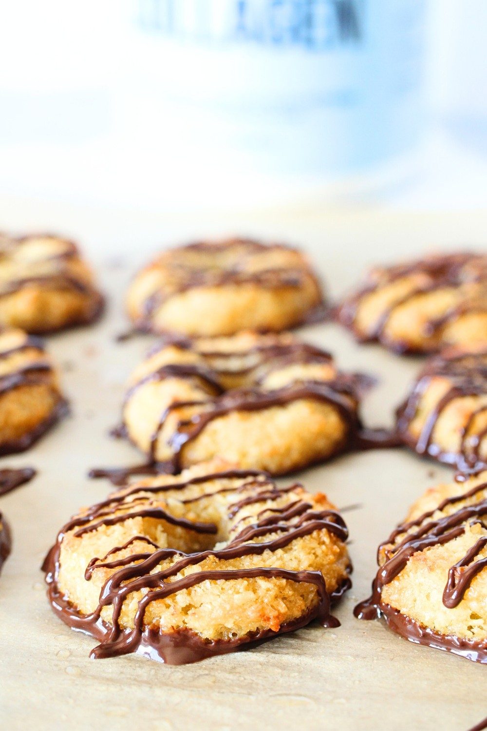 keto Samoa cookie with freshly drizzled sugar-free melted chocolate