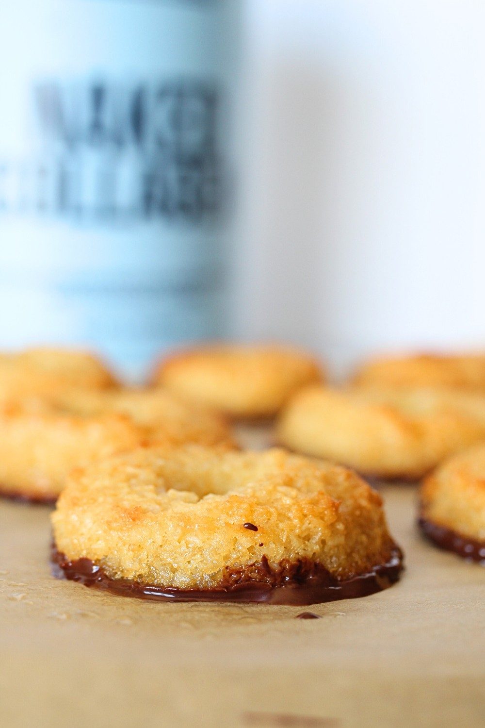 front view of keto Samoa cookie with bottom dipped in chocolate