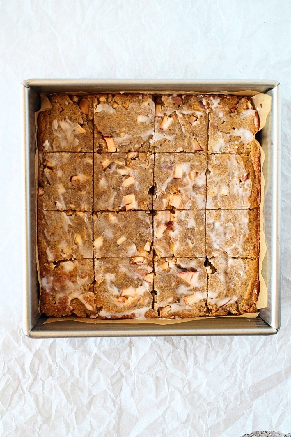 top view of sugar-free apple bars with sugar-free glaze after being baked and before being cut into 16 bars