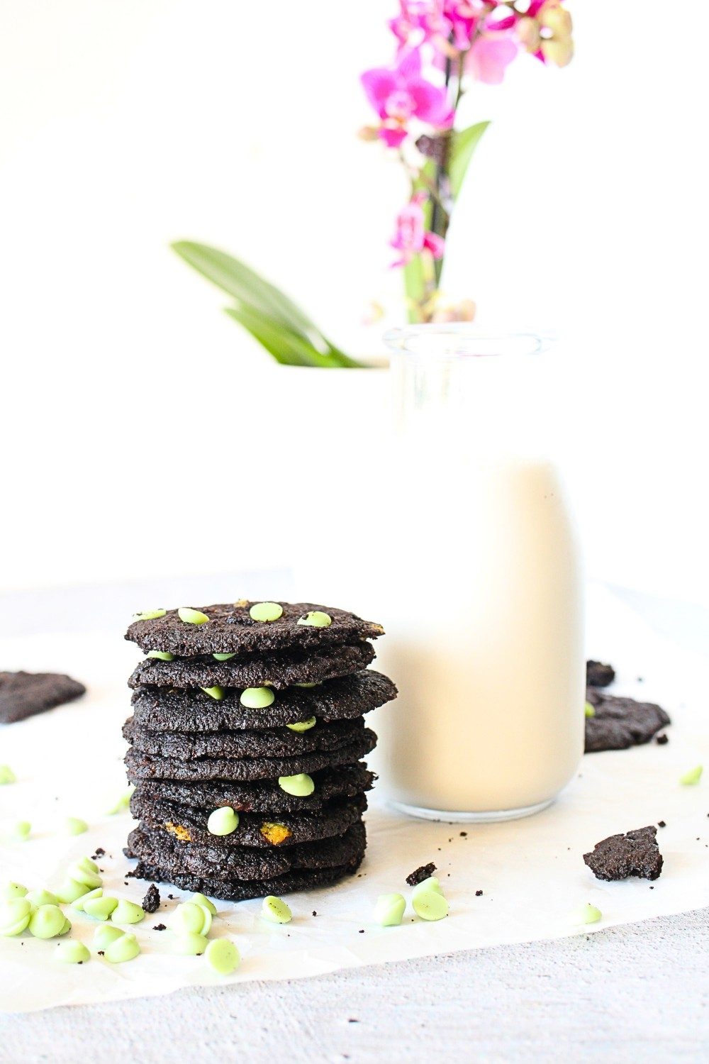 easy keto cookie recipe made with cocoa powder and mint chocolate chips