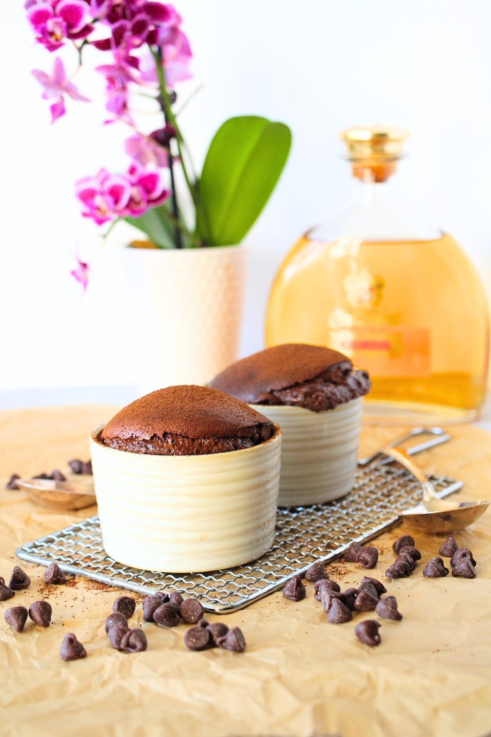 front view of 2 keto make ahead chocolate souffles