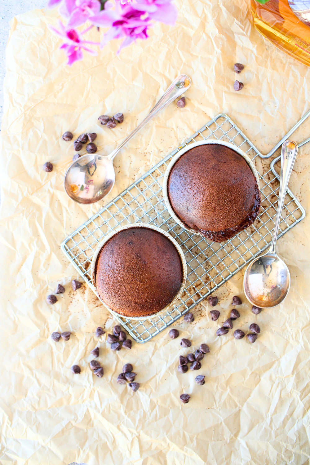 top view of keto chocolate souffles in a dish on a cooling rack