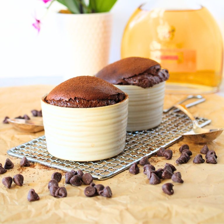 front view of 2 keto make ahead chocolate souffles