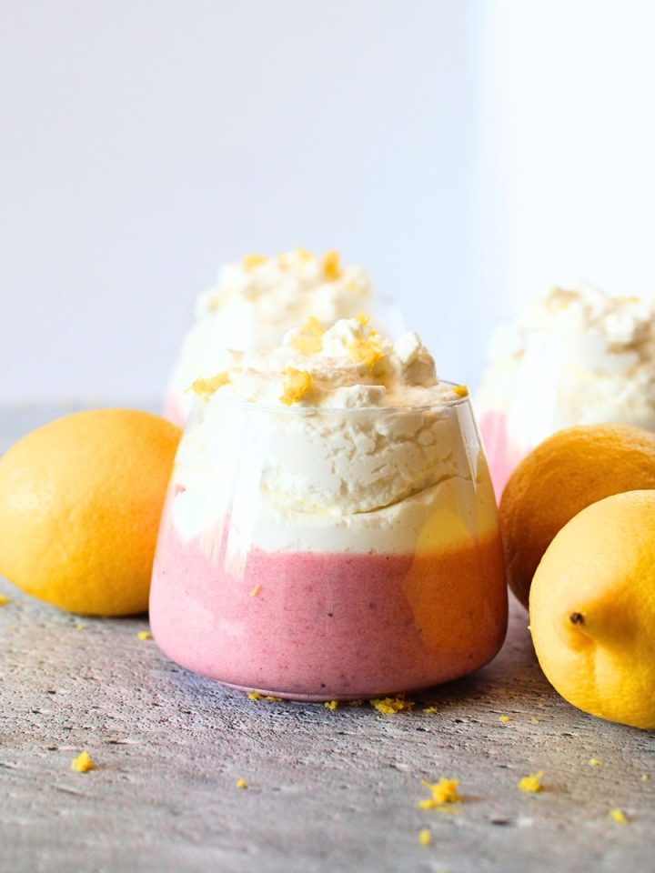 Keto Strawberry Mousse with Lemon Whipped Cream topping in small cups