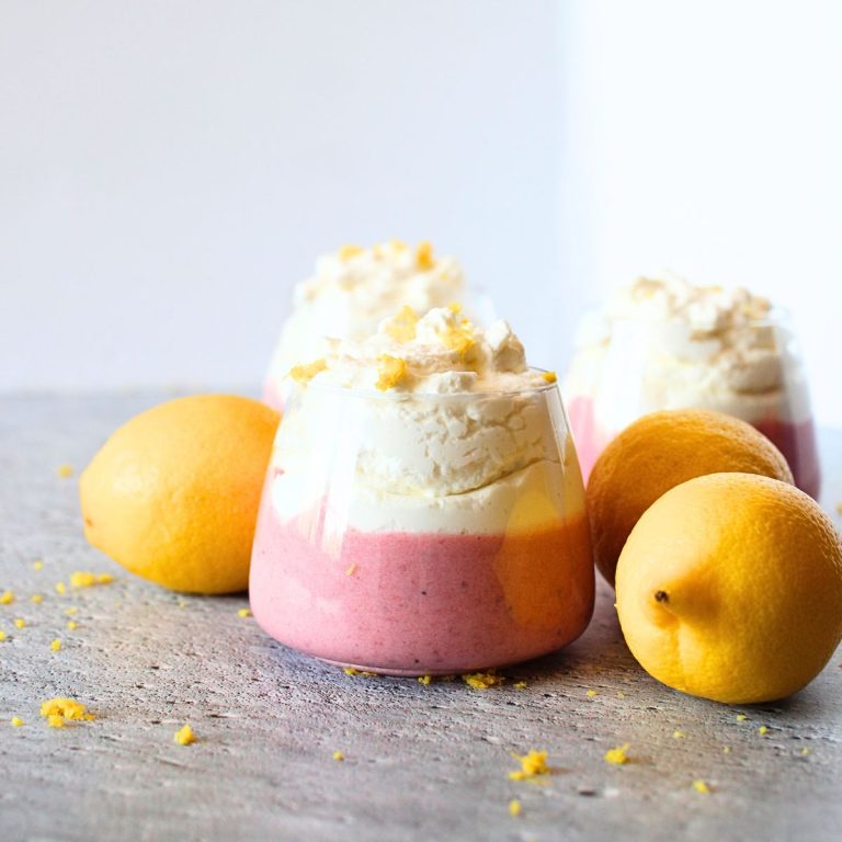Keto Strawberry Mousse with Lemon Whipped Cream topping in small cups