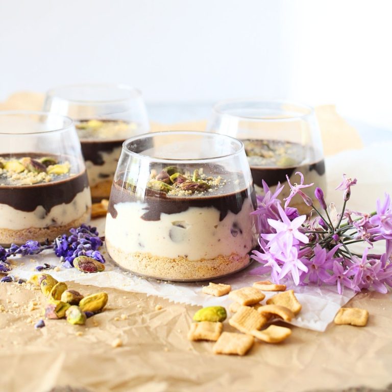 high protein mini cannoli cheesecake cups with pistachios on top