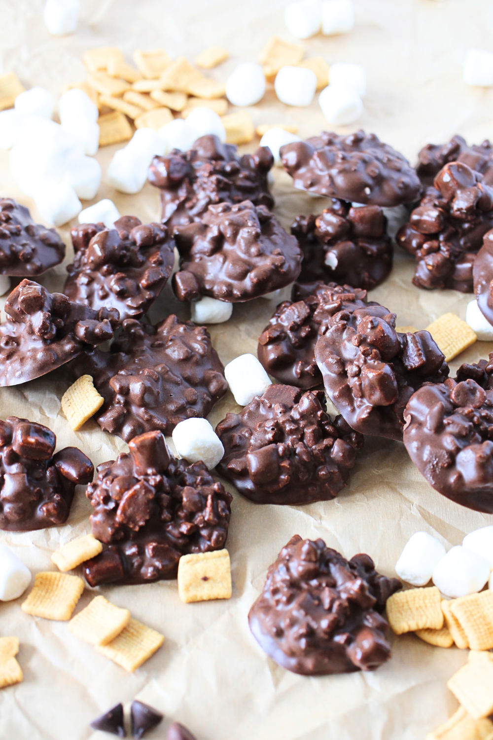 high protein S'mores Bites with sugar-free marshmallows, chocolate chips and graham cracker cereal scattered about