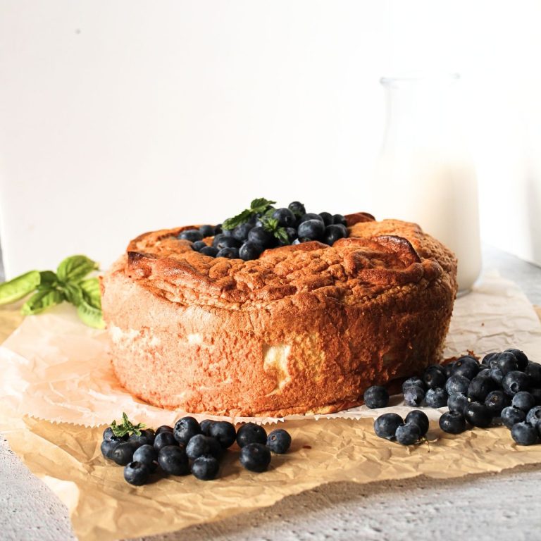 high protein angel food cake with berries ontop